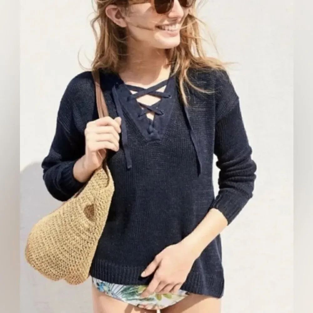 J Crew Linen Lace Up Beach Sweater